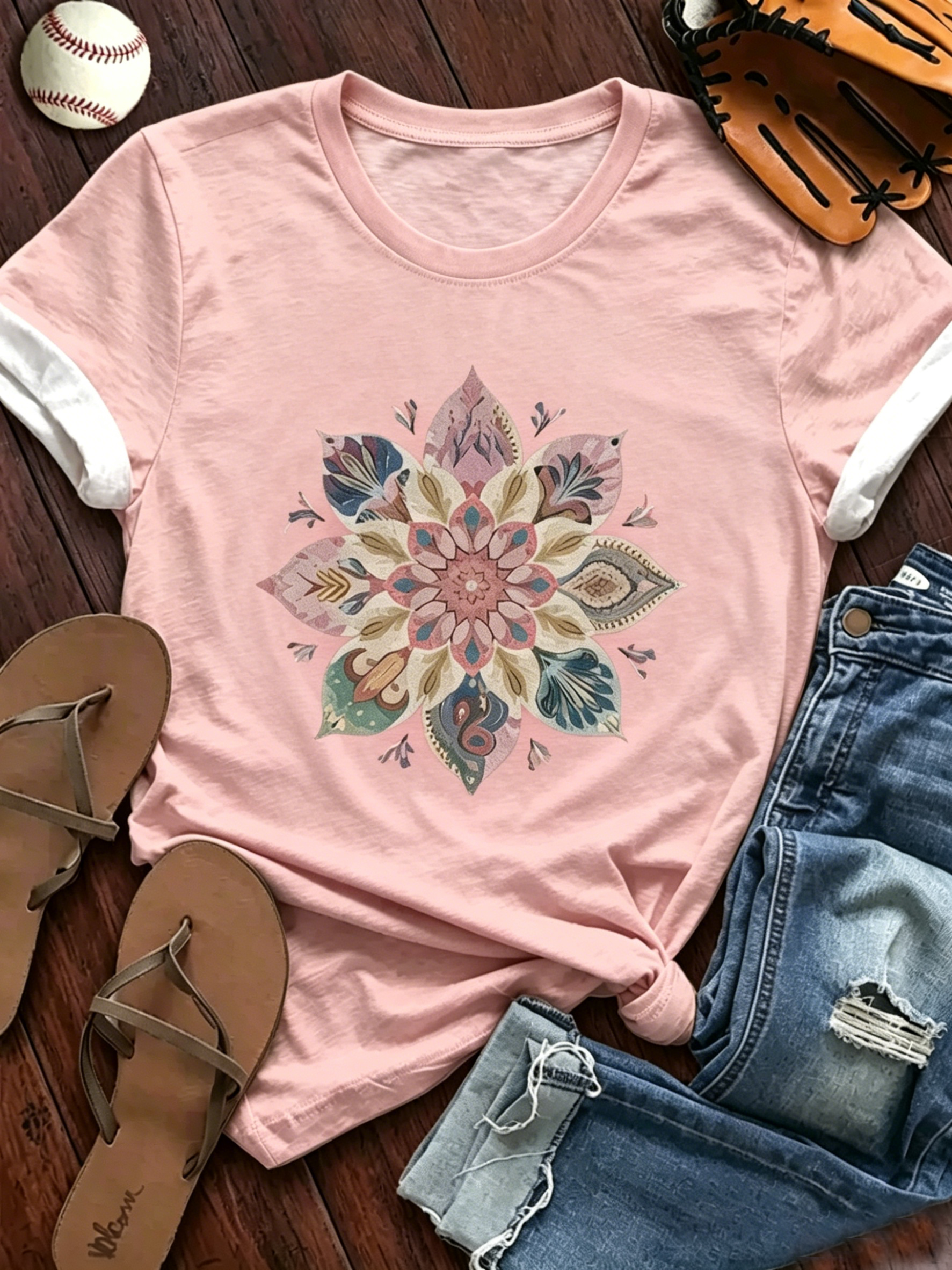 Mandala Floral Graphic Ringer T-Shirt
