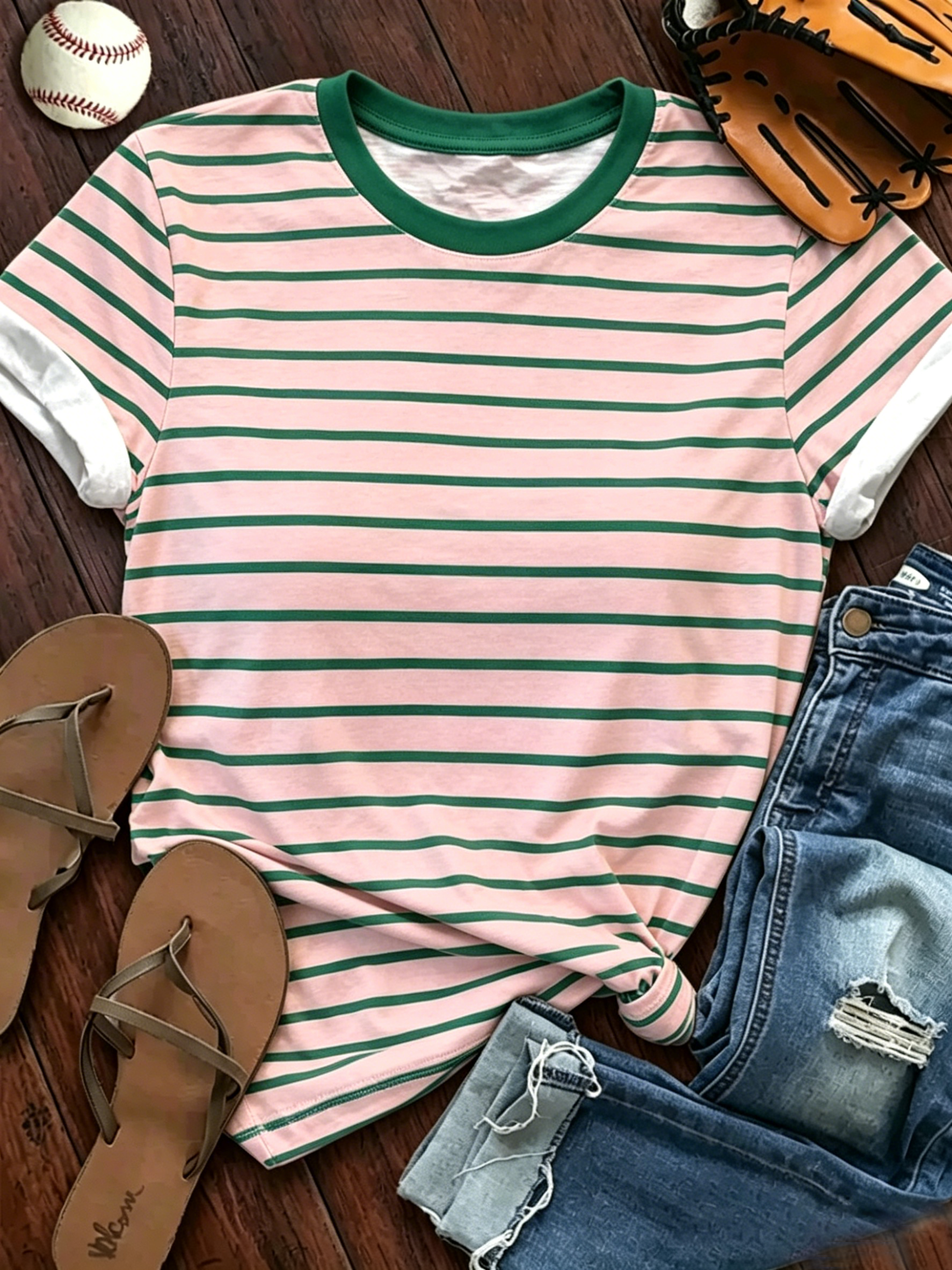 Pink Green Stripe Ringer T-Shirt