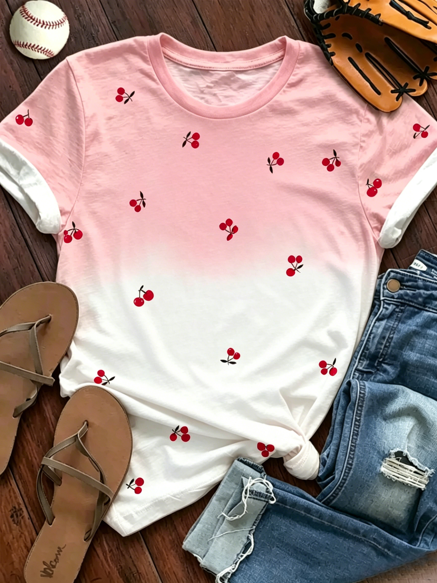 Cherry Print Ombre Ringer T-Shirt