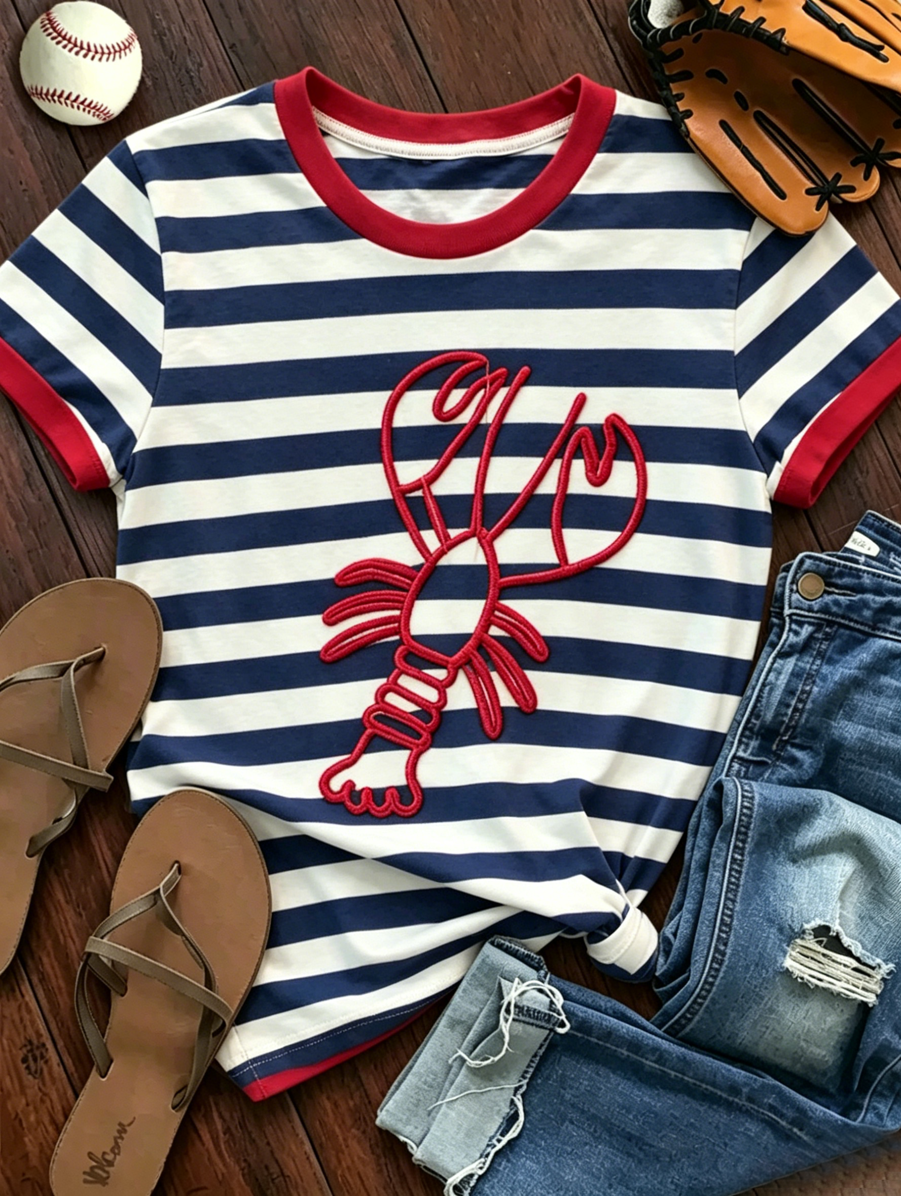 Lobster Embroidered Stripe Ringer T-Shirt