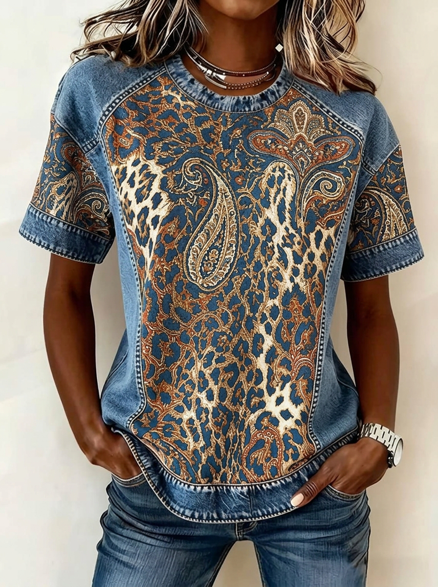 Paisley Leopard Denim Short Sleeve Top