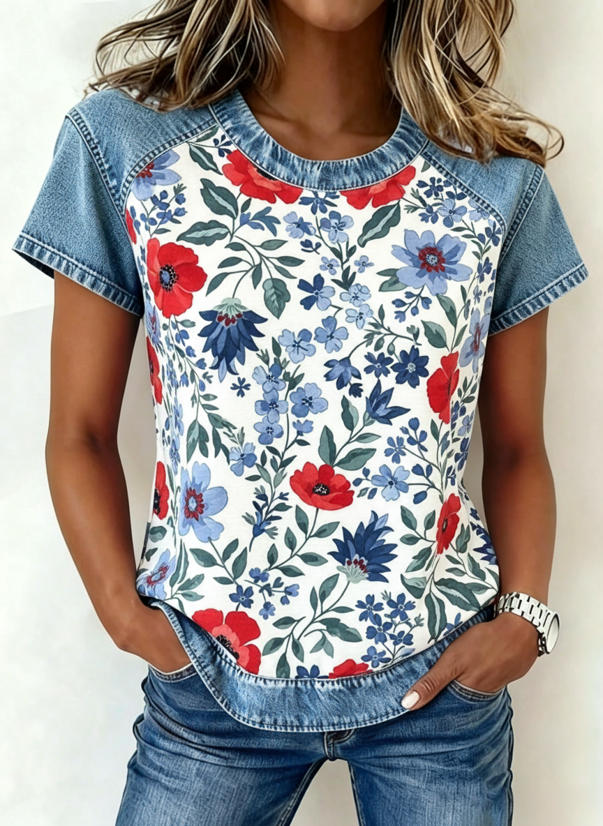 Denim Trim Red Blue Floral Short Sleeve Top