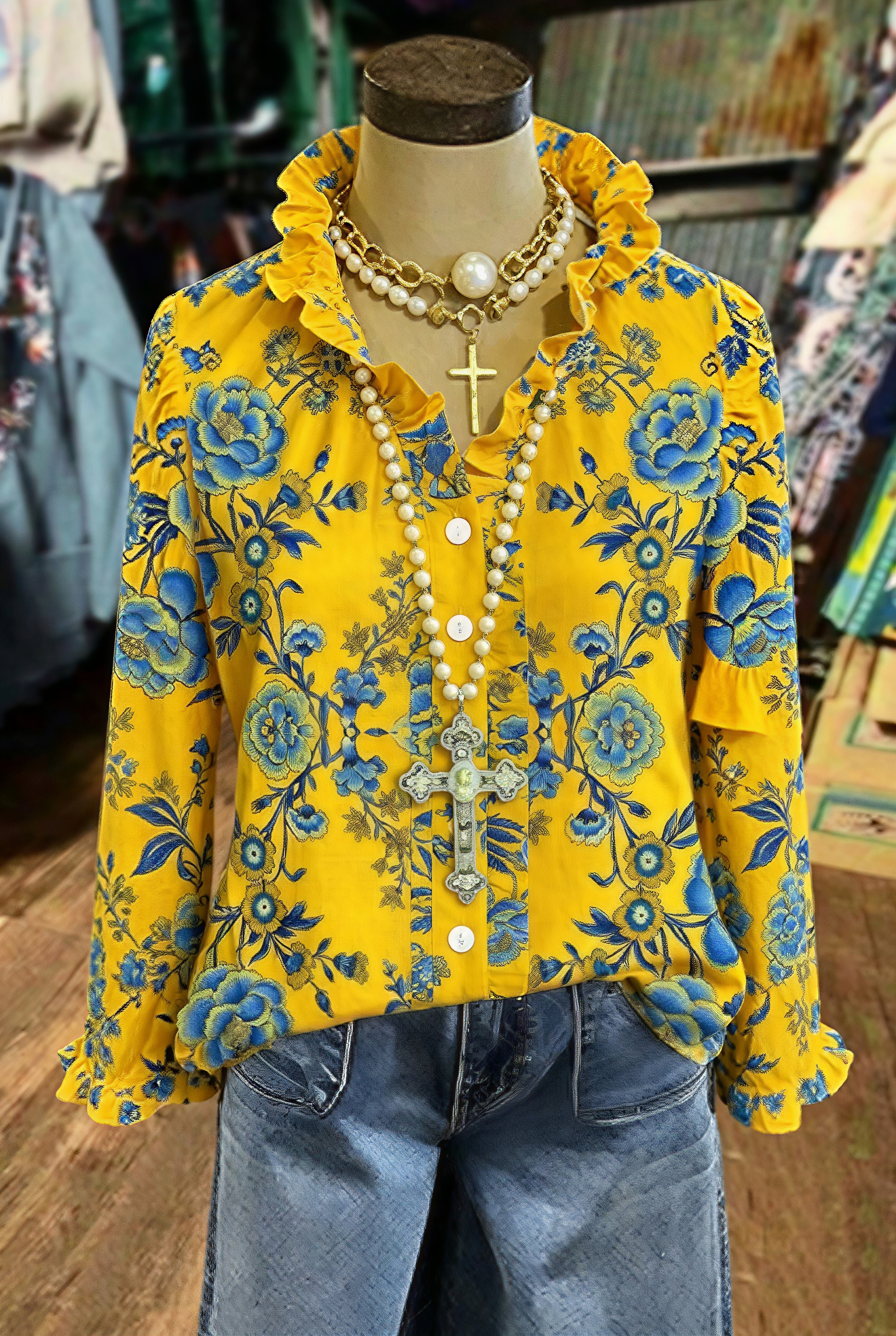 Ruffle Collar Floral Print Long Sleeve Blouse