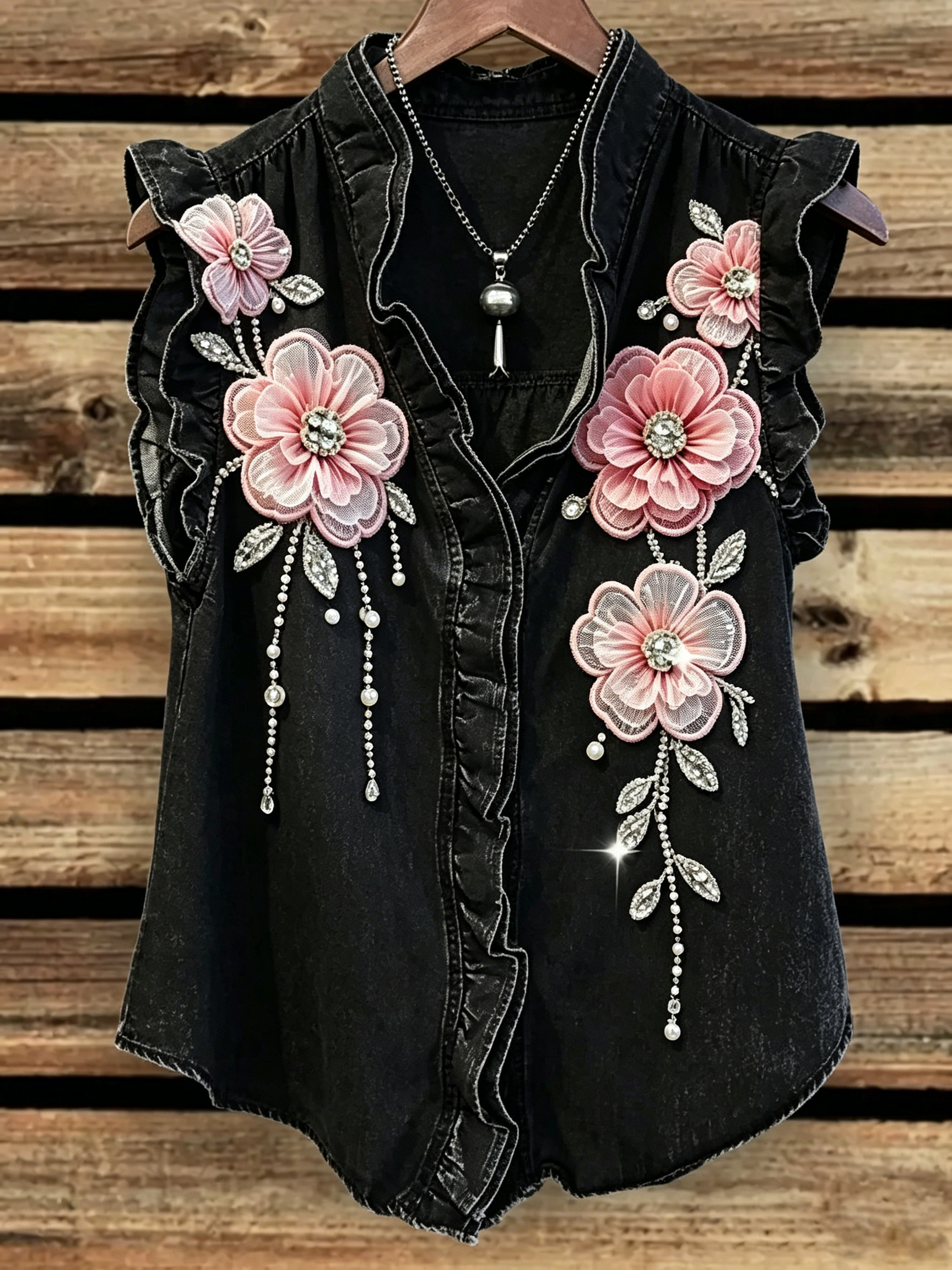 3D Flower Rhinestone Denim Vest