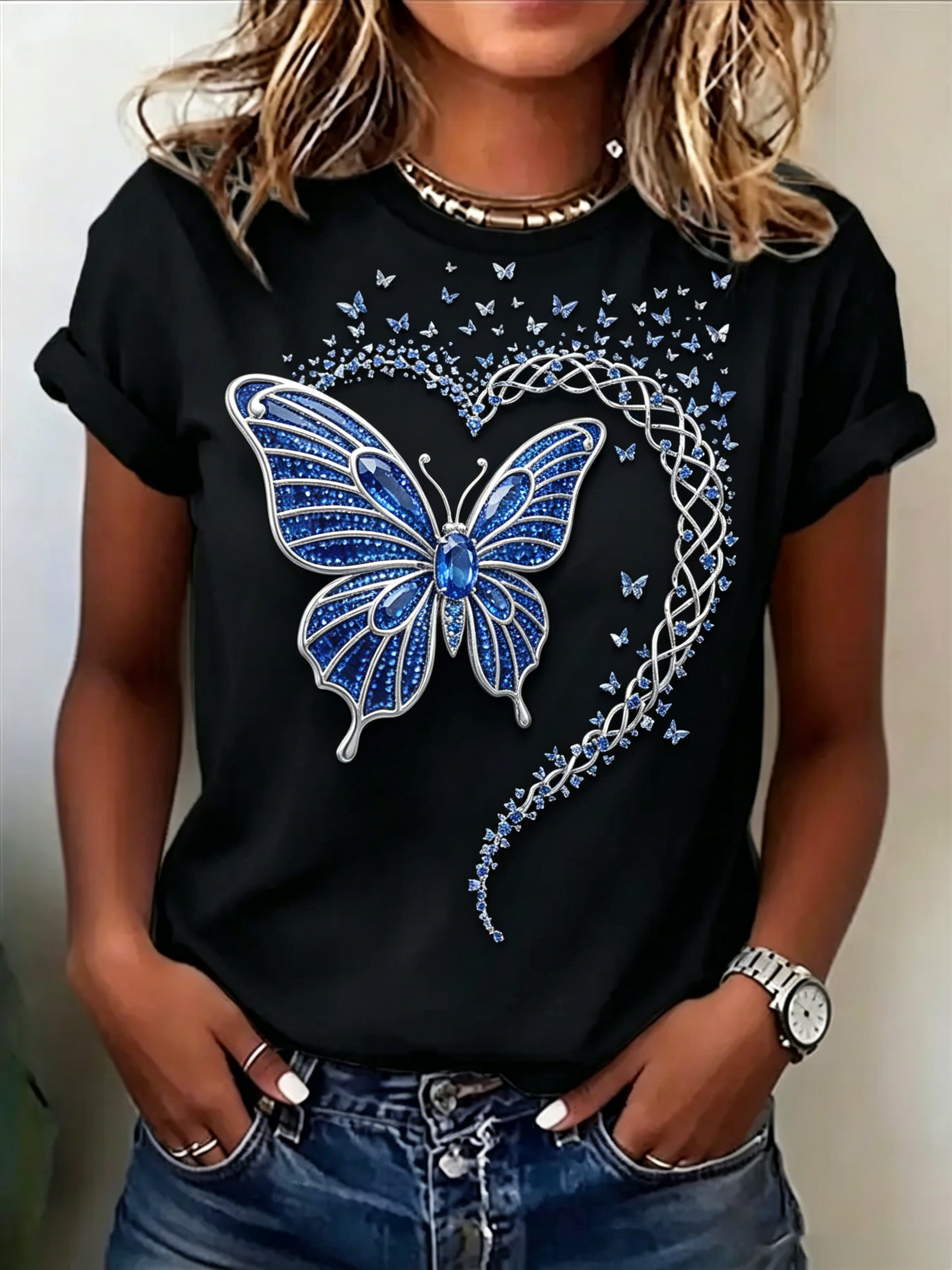 Butterfly Heart Rhinestone Graphic T-Shirt