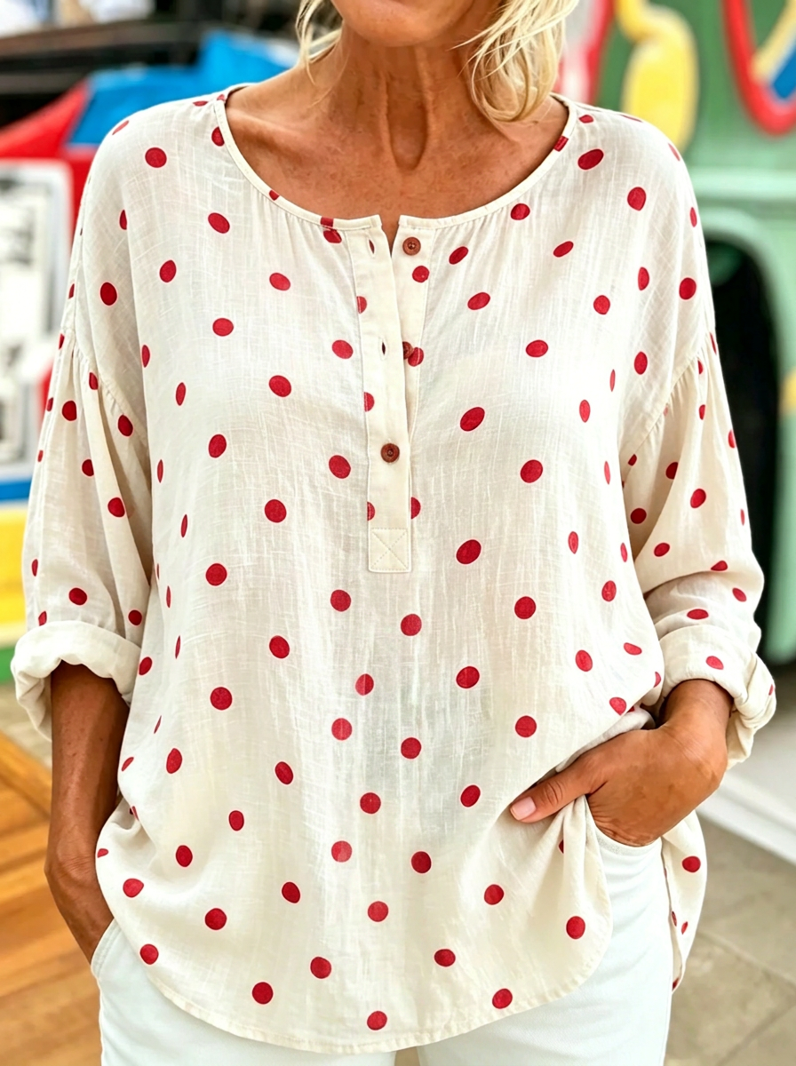 Polka Dot Half-Button Long Sleeve Blouse