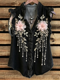 3D Flower Pearl Fringe Denim Vest