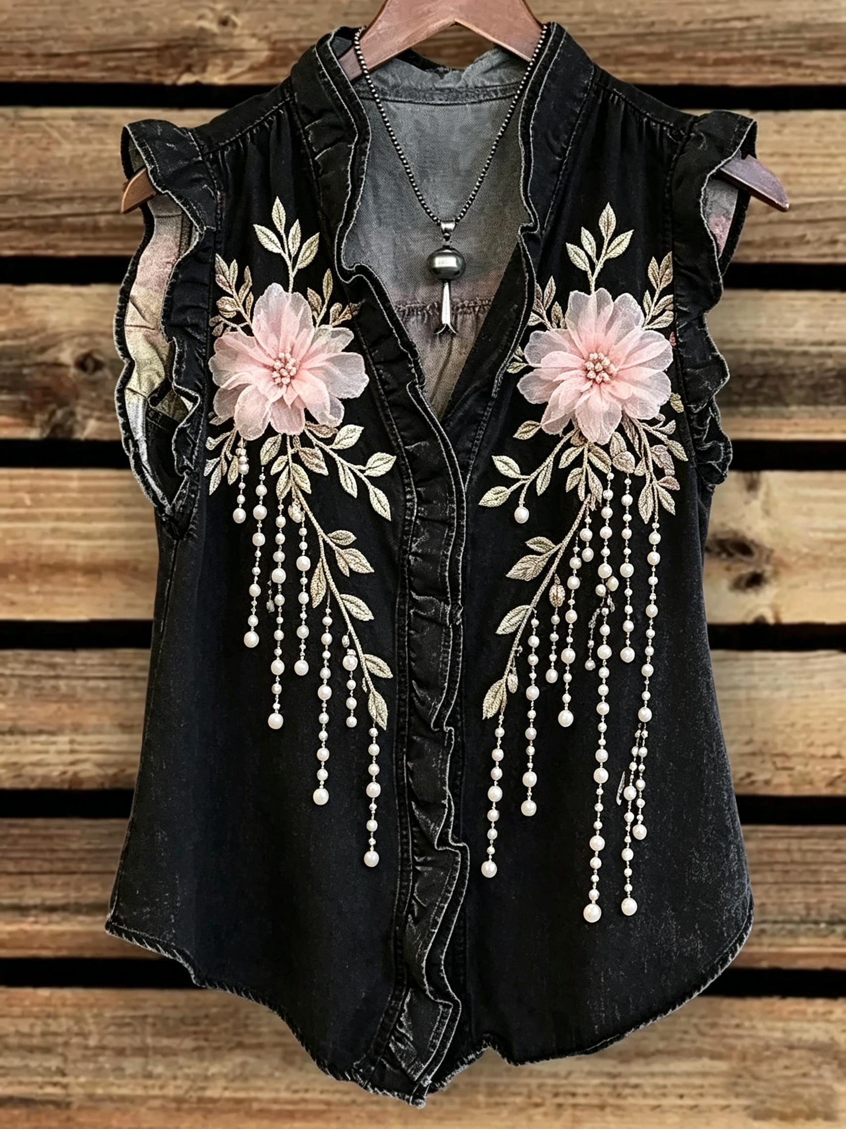 3D Flower Pearl Fringe Denim Vest