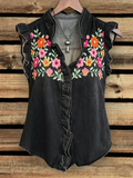 Floral Embroidered Ruffle Denim Vest