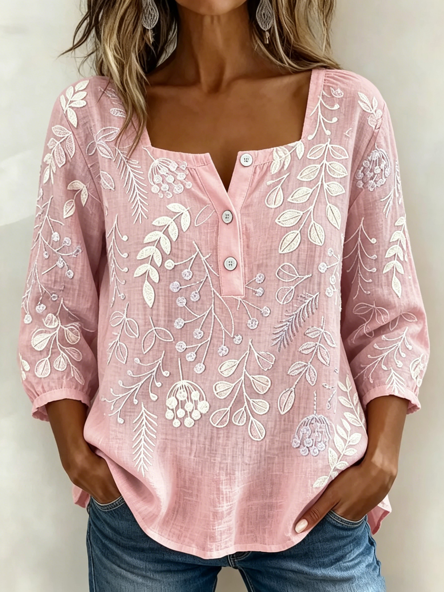 Embroidered Leaf Square Neck Blouse