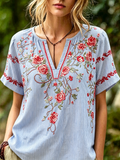 Striped Rose Embroidered Short Sleeve Blouse