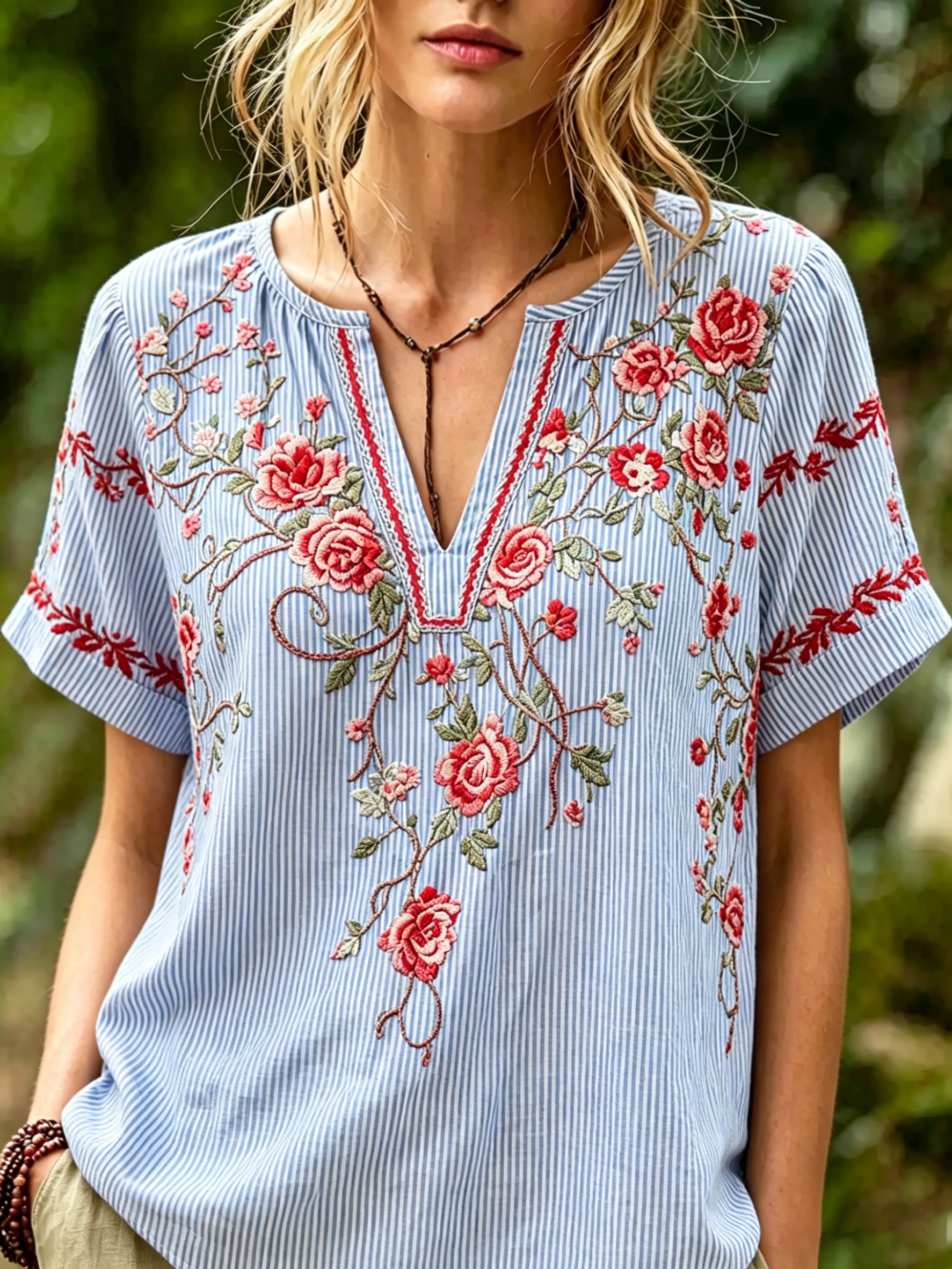 Striped Rose Embroidered Short Sleeve Blouse