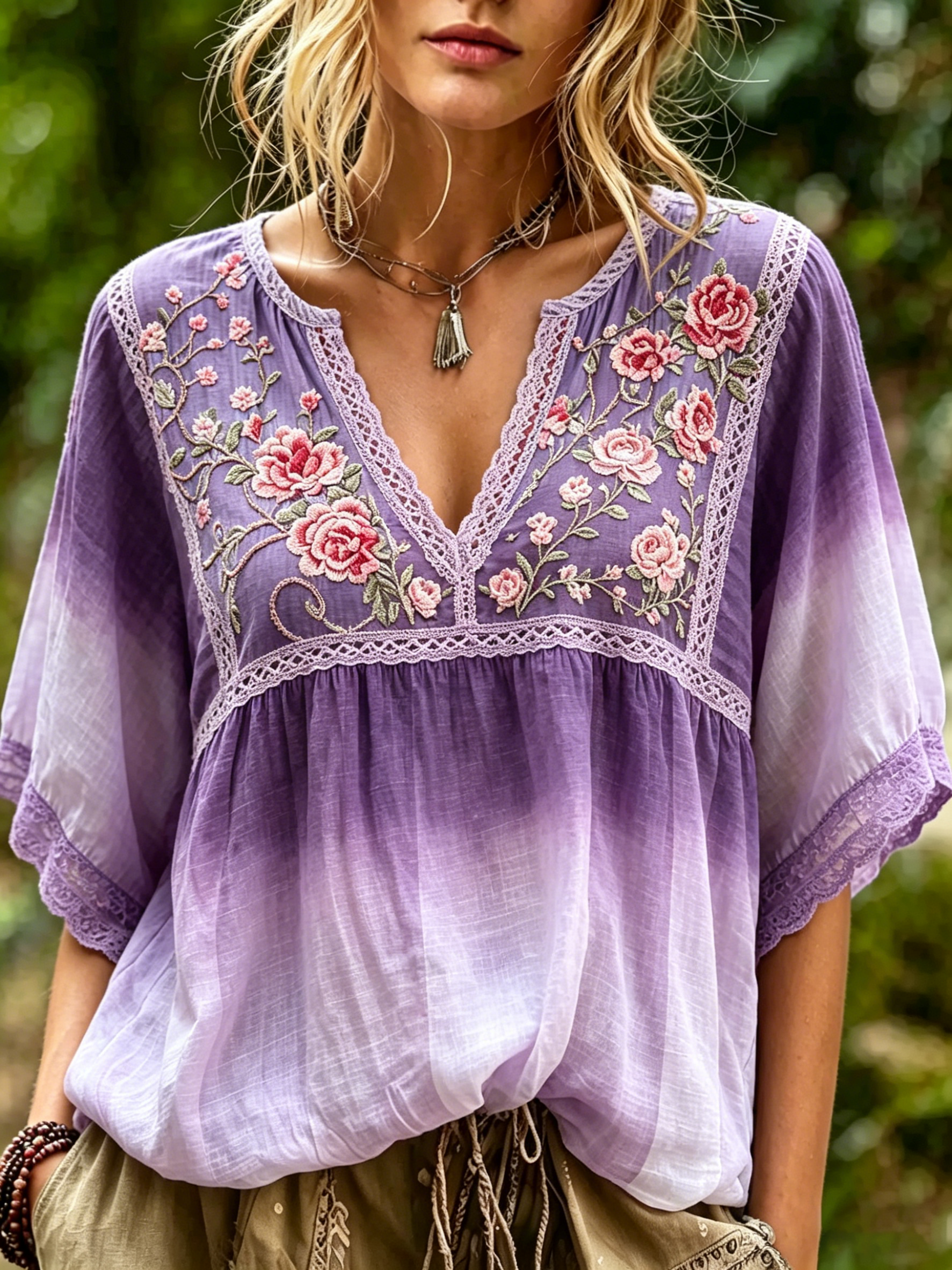 Ombre Floral Embroidered Peasant Blouse