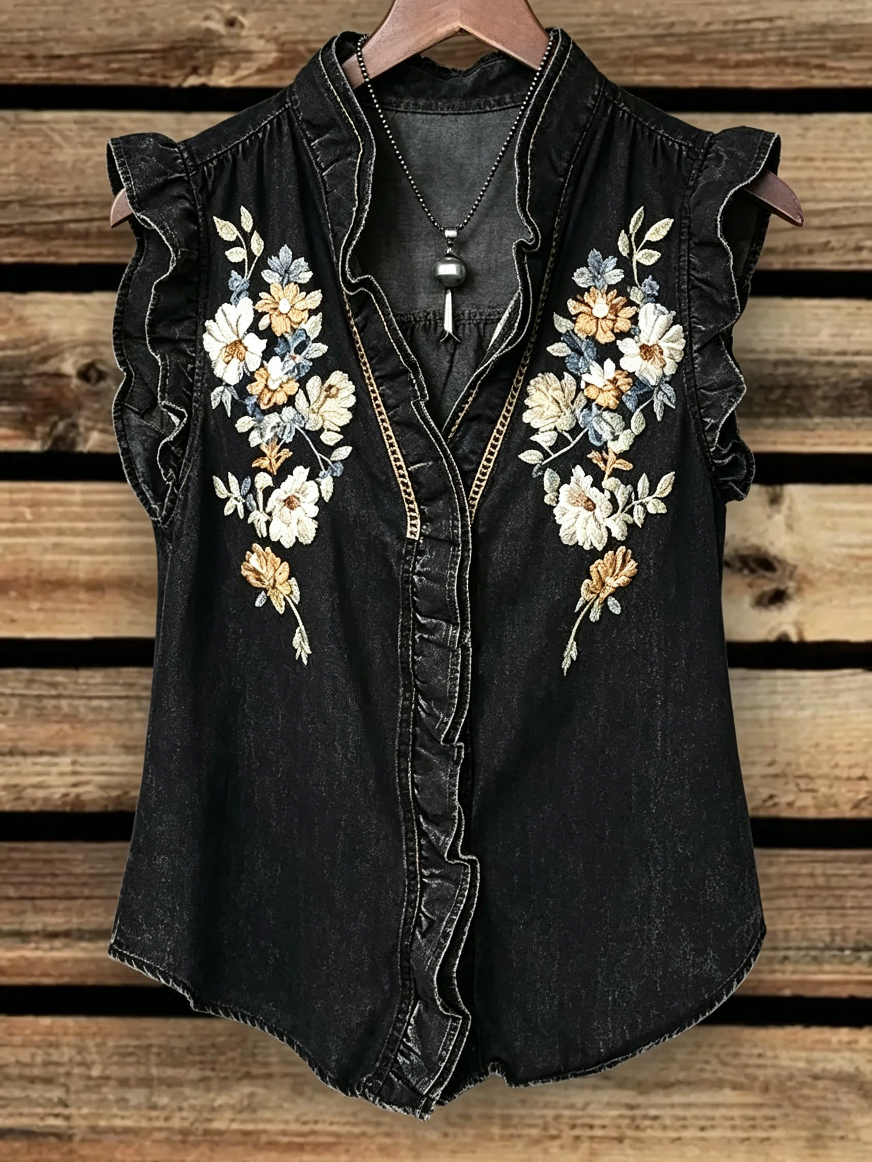 Daisy Floral Embroidered Denim Vest