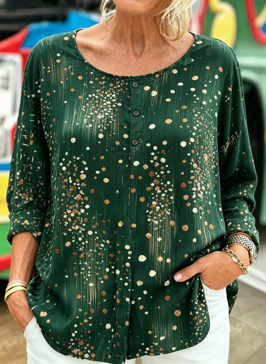 Gold Dot Print Half-Button Long Sleeve Blouse
