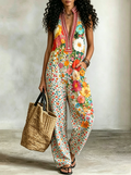 Floral Print Sleeveless Wide Leg Jumpsuit