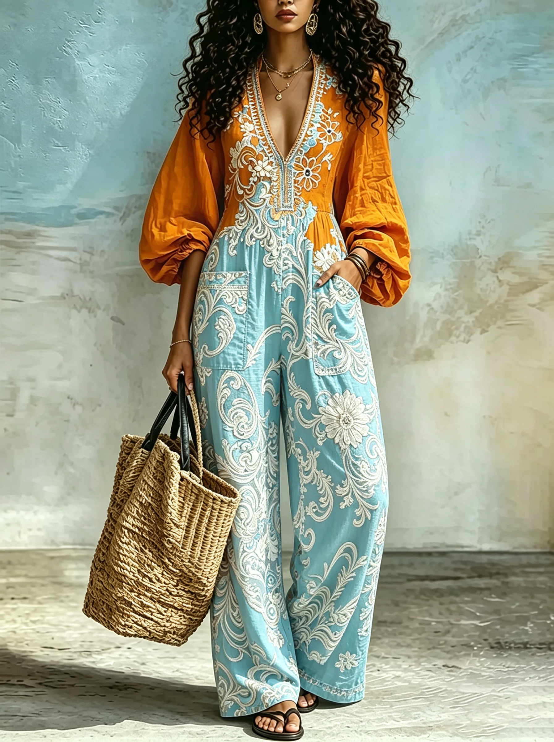 Color Block Embroidered Puff Sleeve Jumpsuit