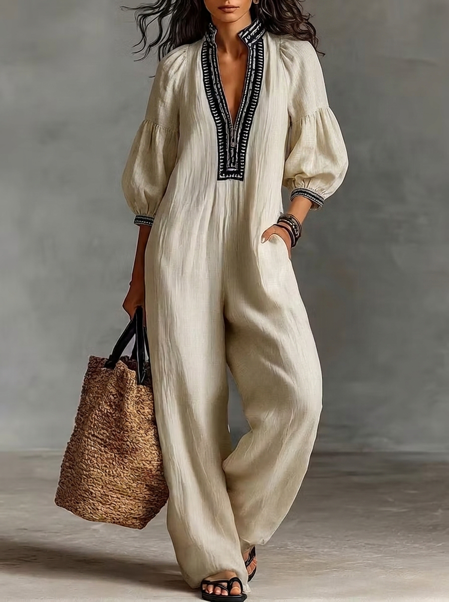 Embroidered Trim Puff Sleeve Linen Jumpsuit