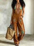 Fringe Floral Embroidered Suede Jumpsuit