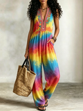Tie-Dye Embroidered Sleeveless Wide Leg Jumpsuit