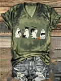 Ghost Cat Halloween Tie Dye V-Neck T-Shirt