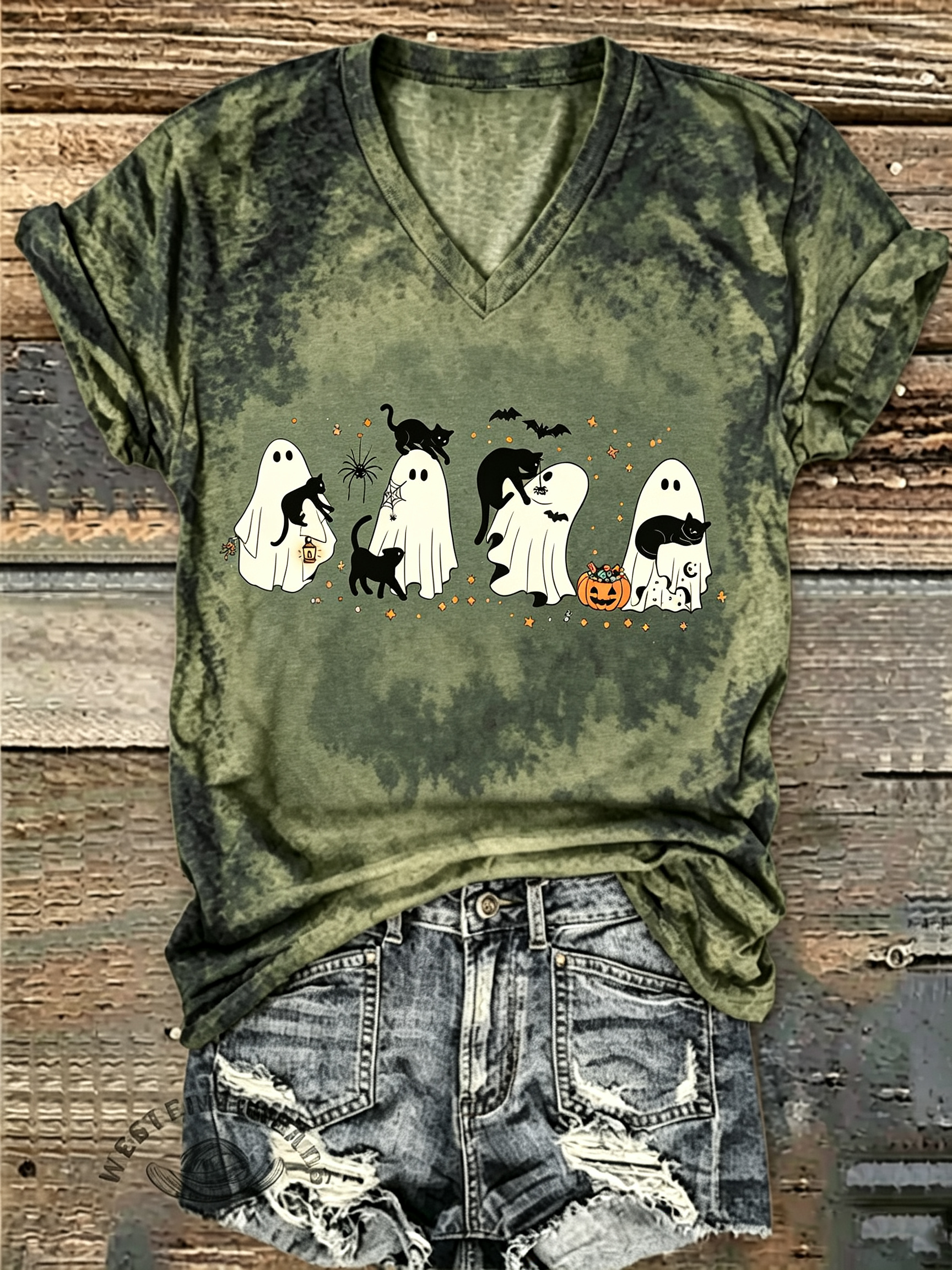 Ghost Cat Halloween Tie Dye V-Neck T-Shirt