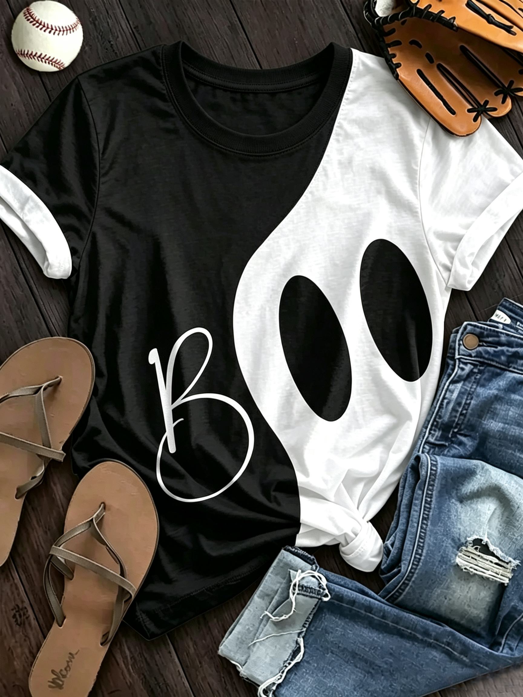 Boo Ghost Yin Yang Color Block T-Shirt