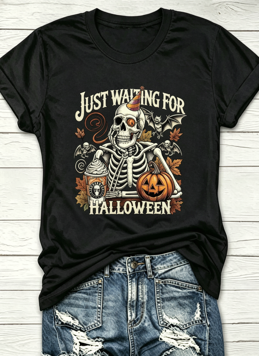 Just Waiting For Halloween Skeleton Coffee T-Shirt