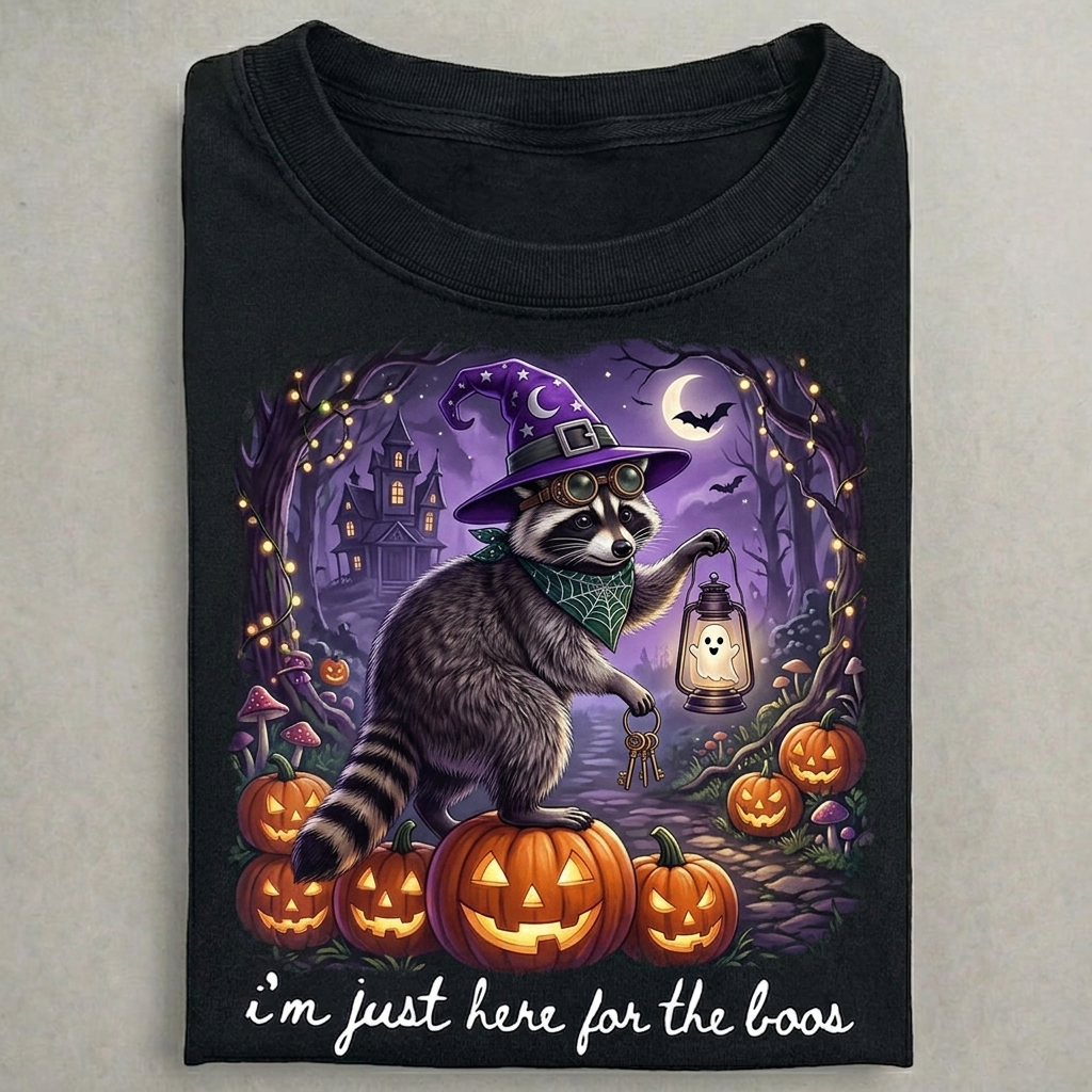 I'm Just Here For The Boos Raccoon Witch T-Shirt