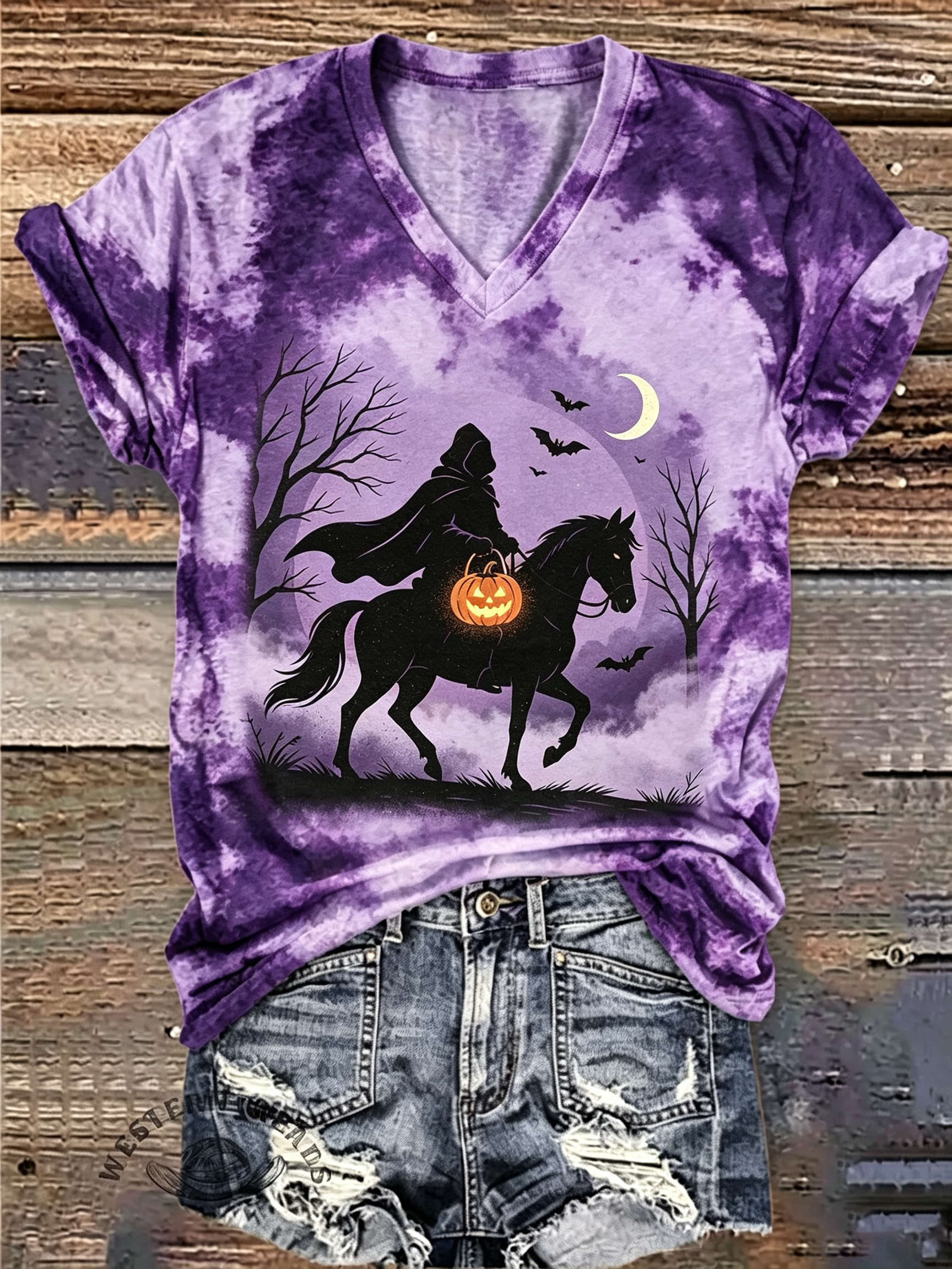 Headless Horseman Pumpkin Halloween Tie Dye V-Neck T-Shirt