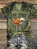 Stay Creepy Skeleton Pumpkin Halloween Tie Dye V-Neck T-Shirt
