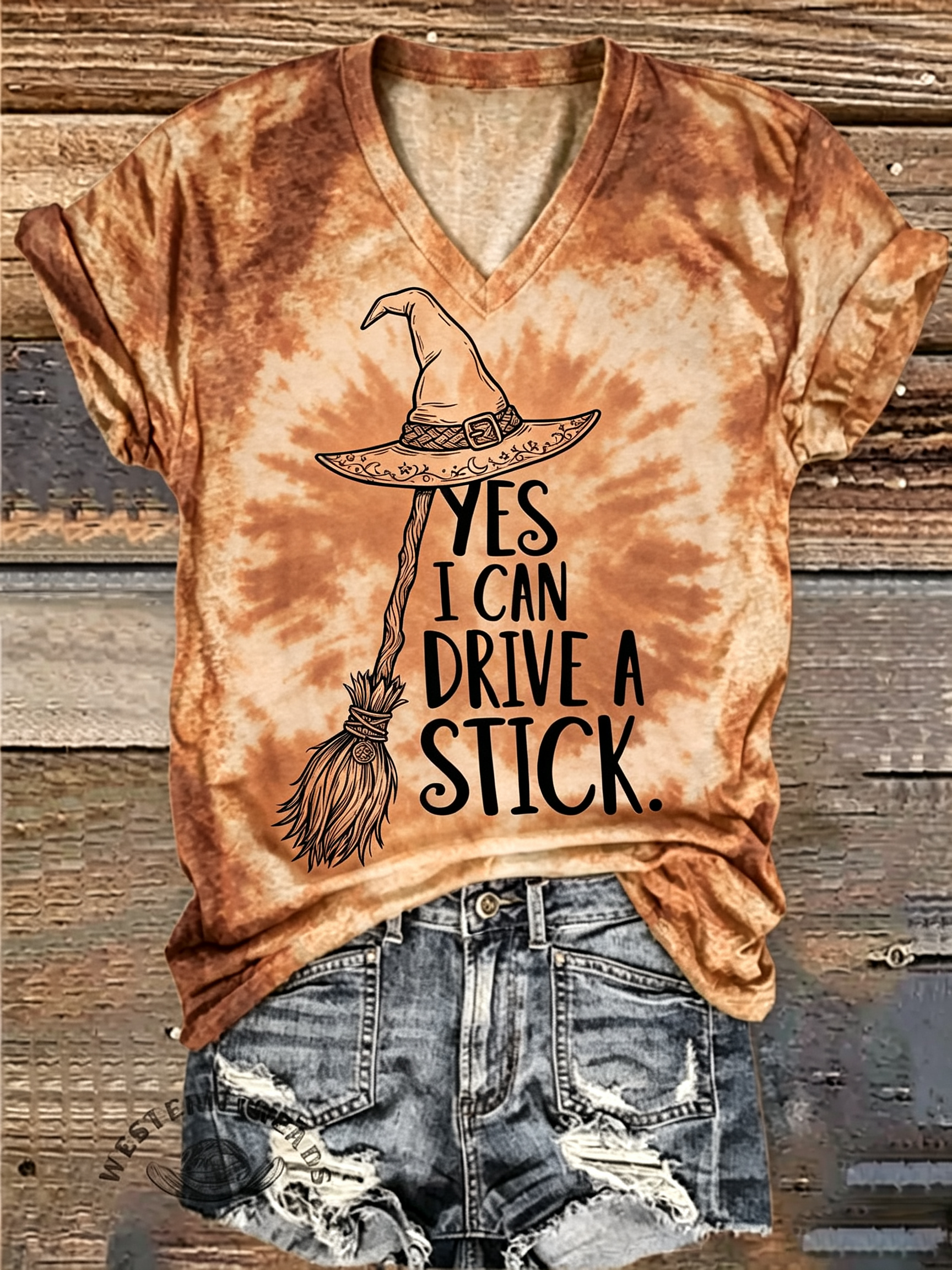 Yes I Can Drive A Stick Witch Broom Tie Dye V-Neck T-Shirt