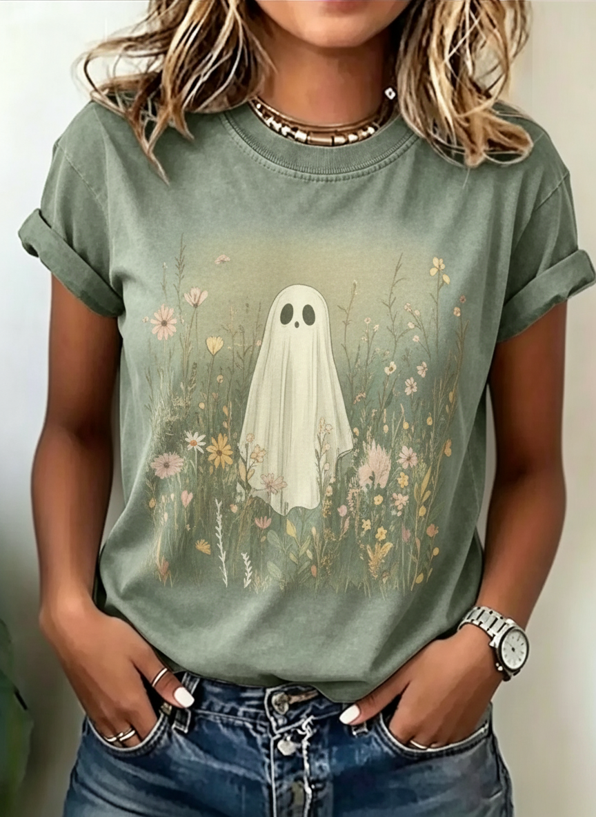 Floral Ghost Wildflower Cottagecore Halloween T-Shirt