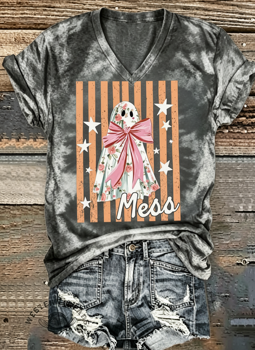 Floral Bow Ghost Mess Striped Halloween V-Neck T-Shirt