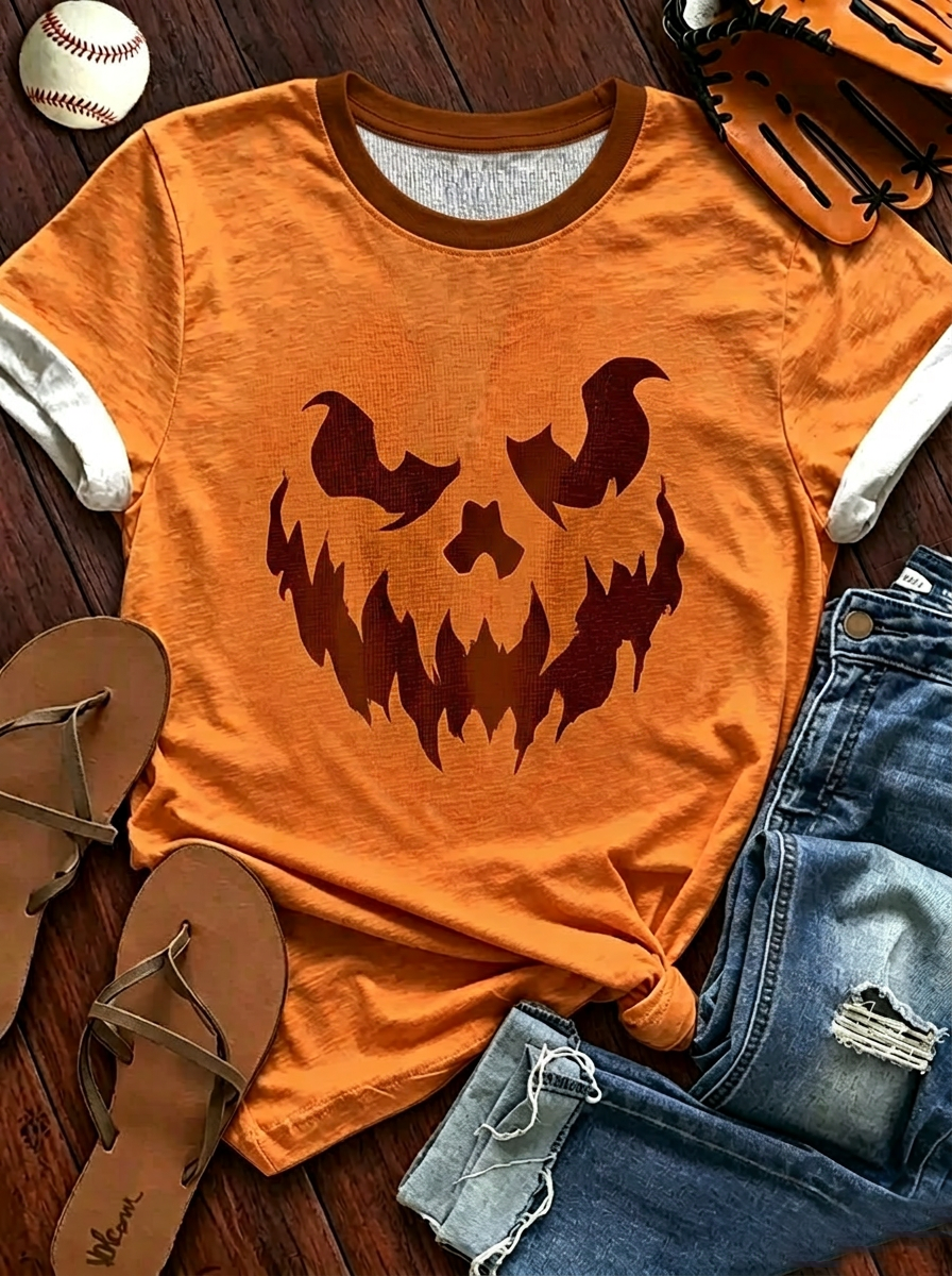 Jack O'Lantern Face Halloween Ringer T-Shirt