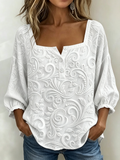 Embossed Scroll Square Neck Puff Sleeve Blouse