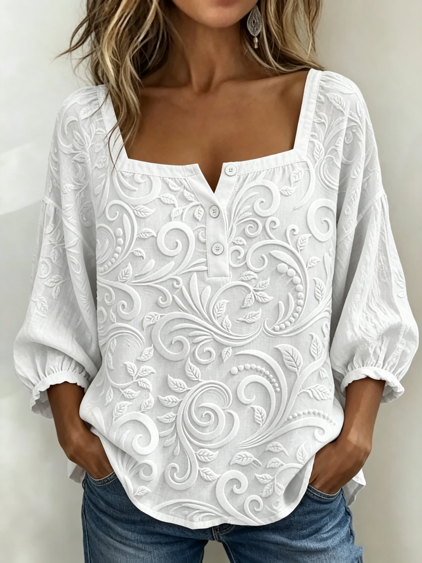 Embossed Scroll Square Neck Puff Sleeve Blouse