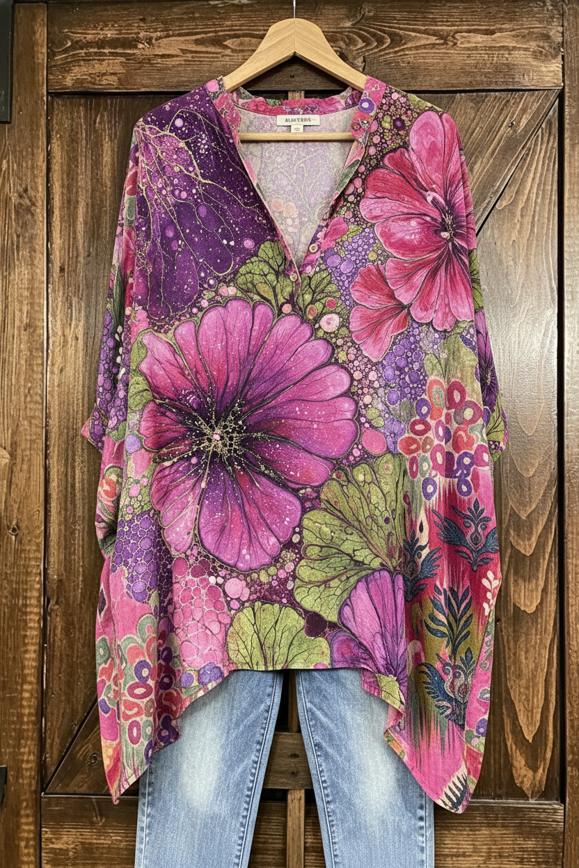 Vibrant Floral Print Batwing Tunic Top