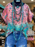 Ombre Floral Short Sleeve Relaxed Fit Blouse