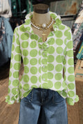 Oversized Green Polka Dot Ruffle Trim Button-Down Shirt