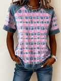 Color Block Patchwork Denim Raglan Sleeve T-Shirt