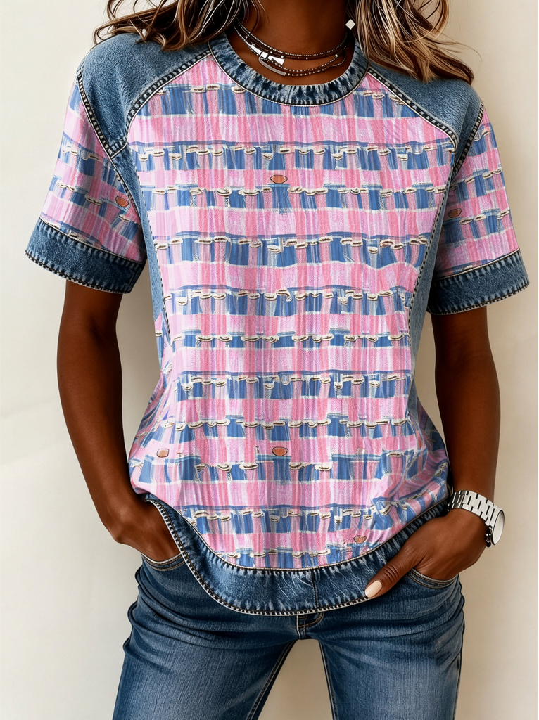 Color Block Patchwork Denim Raglan Sleeve T-Shirt