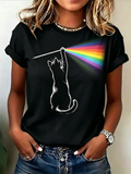 Rainbow Prism Cat Silhouette Graphic Short Sleeve T-Shirt
