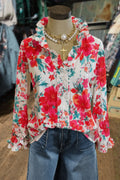 Vibrant Floral Print Ruffled Long Sleeve Blouse