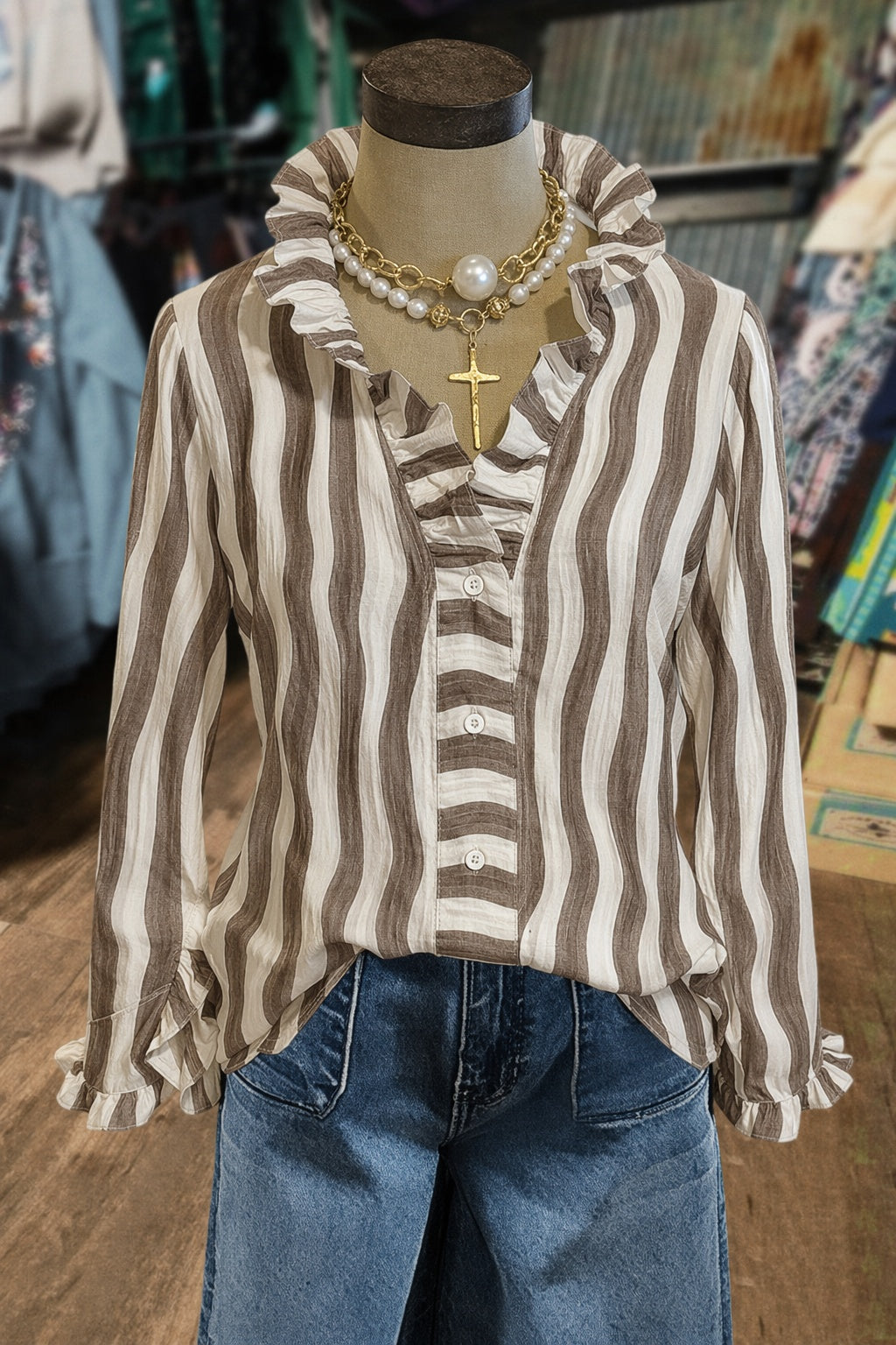 Striped Ruffle Trim Button-Down Shirt