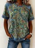 Paisley Print Denim Panel Raglan Sleeve Top