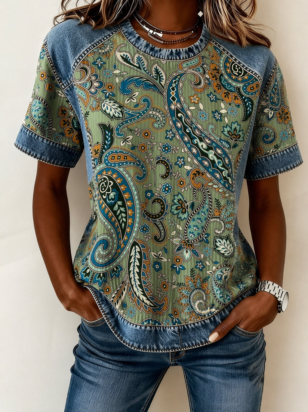 Paisley Print Denim Panel Raglan Sleeve Top