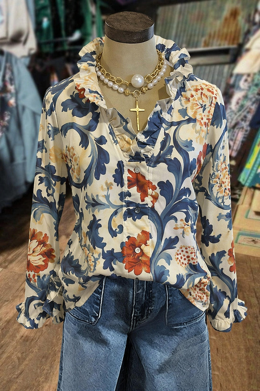 Botanical Print Ruffled Button-Front Blouse