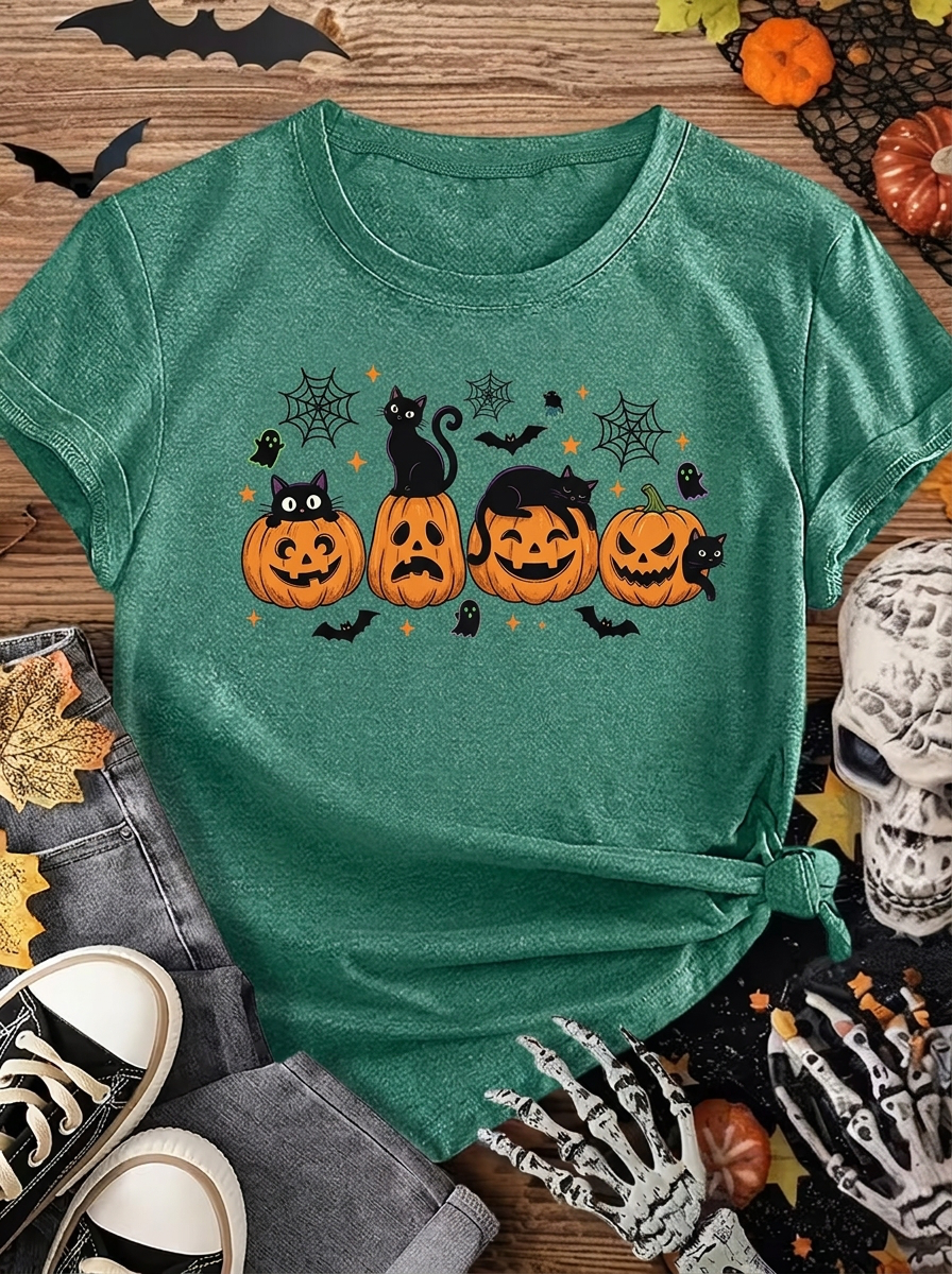 Halloween Pumpkin And Cat Graphic T-Shirt