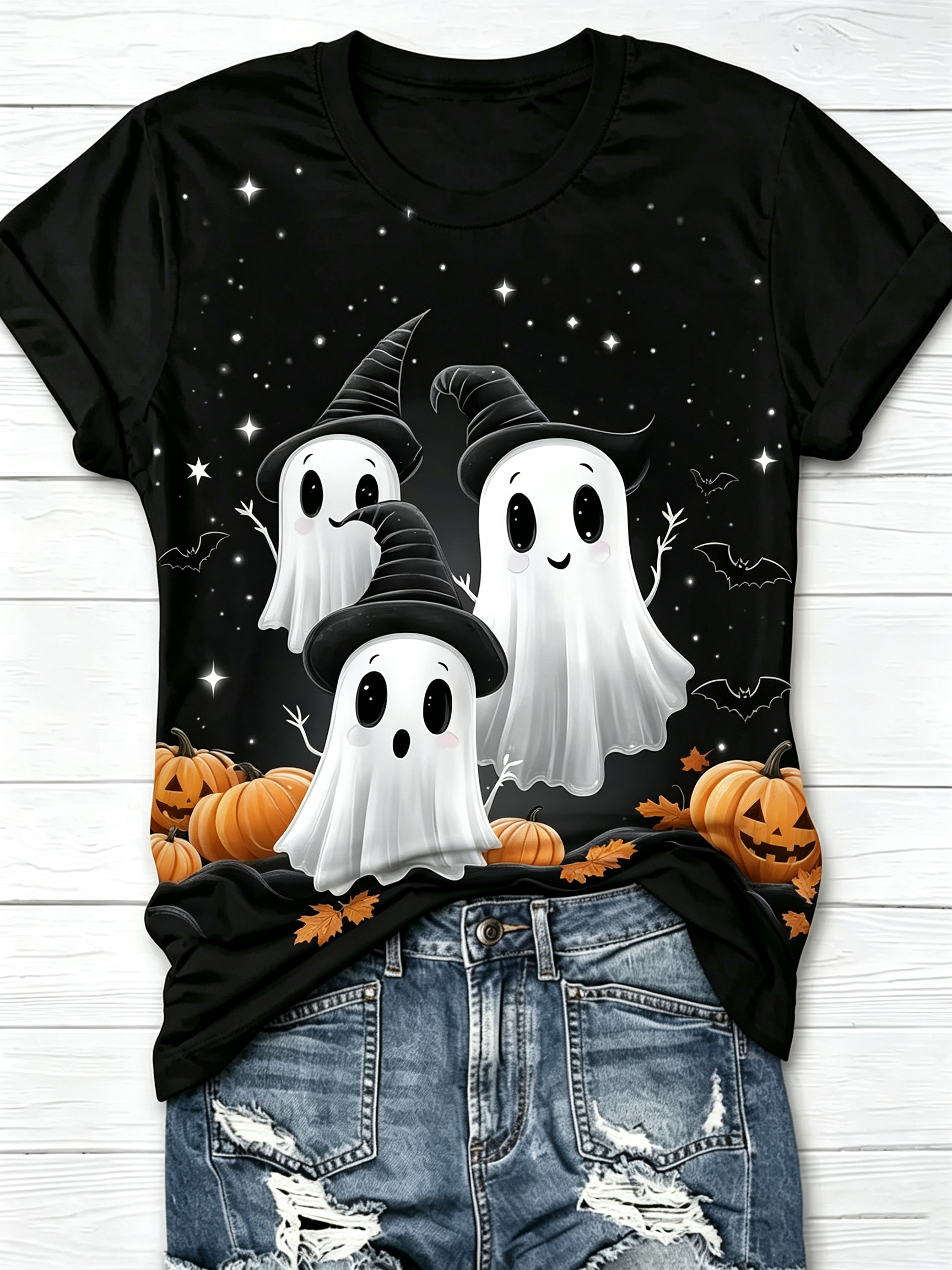 Cute Ghost With Witch Hat Halloween T-Shirt